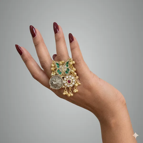 Gold_And_Multicolor_Traditional_Toned_Butterfly_Statement_Ring_With_Kundan_Enamel_Work_For_Women