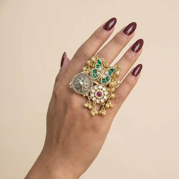 Gold_And_Multicolor_Traditional_Toned_Butterfly_Statement_Ring_With_Kundan_Enamel_Work_For_Women