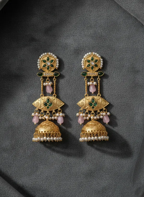 Green_And_Gold_Traditional_Plated_Kundan_Jhumka_Earrings_With_Stones_Pearl_Detailing_For_Women