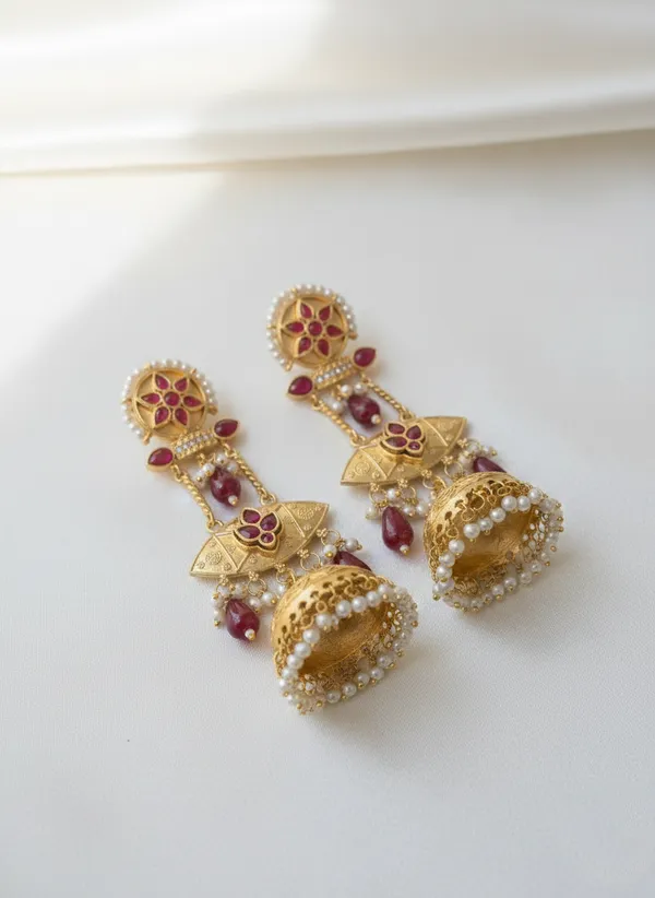 Red_And_Gold_Traditional_Toned_Kundan_Jhumka_Earrings_With_Stones_Pearl_Detailing_For_Women