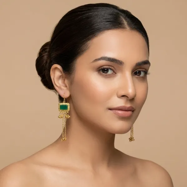 Green_And_Gold_Stone_Plated_Dangling_Earrings_With_Chain_Bell_Details_For_Women