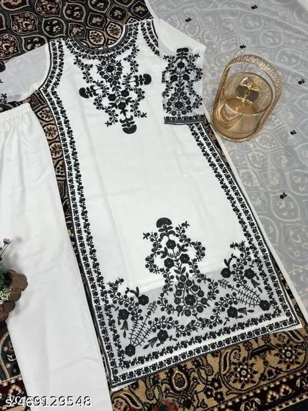 White_Georgette_With_Embroidery_(Printed)_Kurti_Set_For_Women