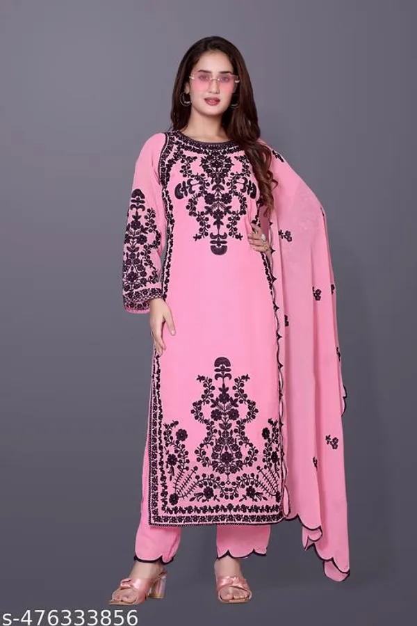 Pink_Georgette_With_Embroidery_(Printed)_Kurti_Set_For_Women