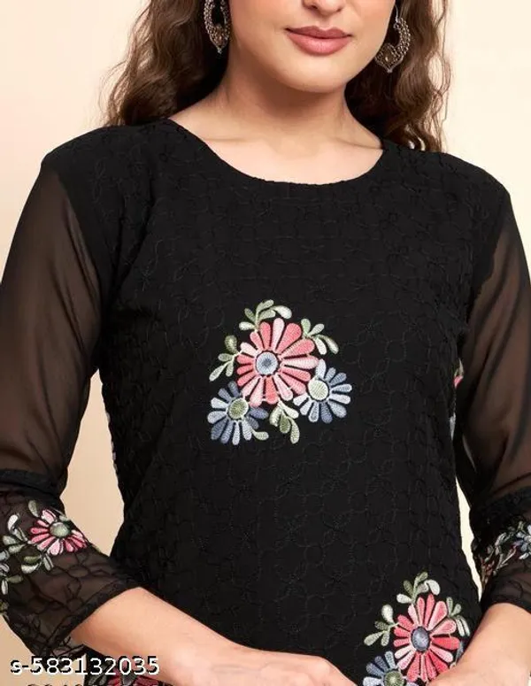Black_Faux_Georgette_With_Chikankari_Embroidery_Kurti_Set_For_Women