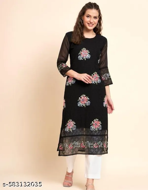 Black_Faux_Georgette_With_Chikankari_Embroidery_Kurti_Set_For_Women