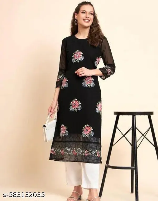 Black_Faux_Georgette_With_Chikankari_Embroidery_Kurti_Set_For_Women