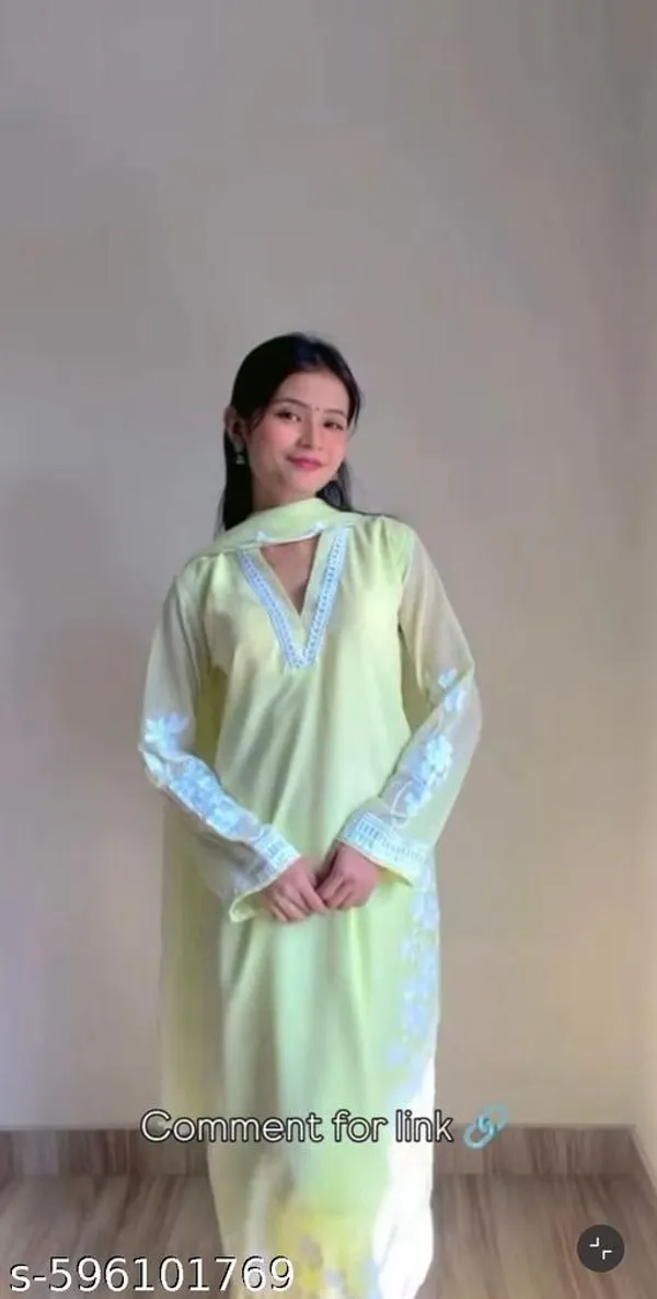 Lemon_Yellow_Faux_Georgette_With_Chikankari_Embroidery_Kurti_Set_For_Women