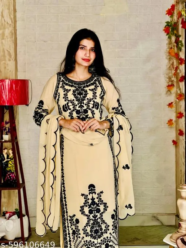 Beige_Georgette_With_Embroidery_Kurti_Set_For_Women