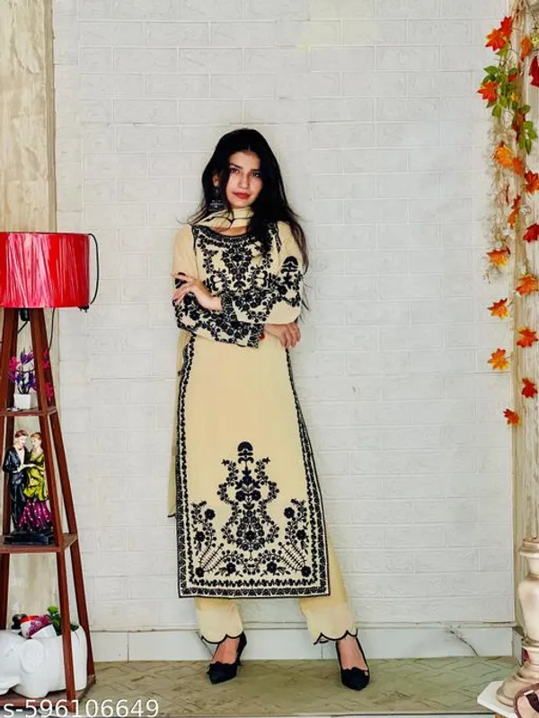 Beige_Georgette_With_Embroidery_Kurti_Set_For_Women