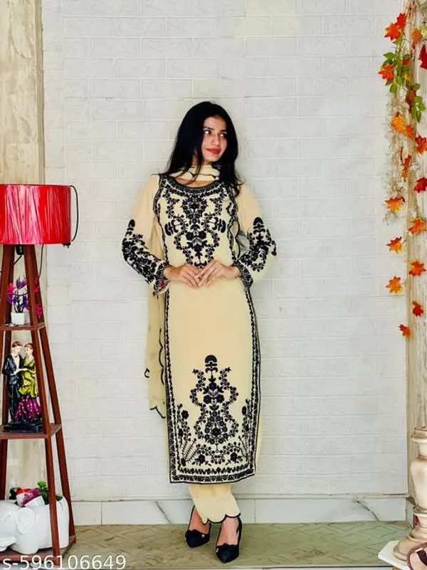 Beige_Georgette_With_Embroidery_Kurti_Set_For_Women