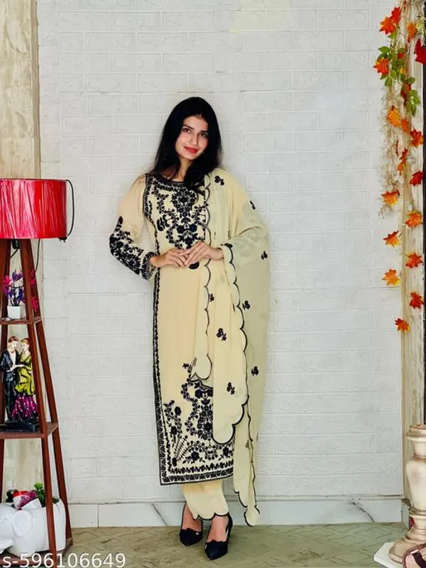 Beige_Georgette_With_Embroidery_Kurti_Set_For_Women