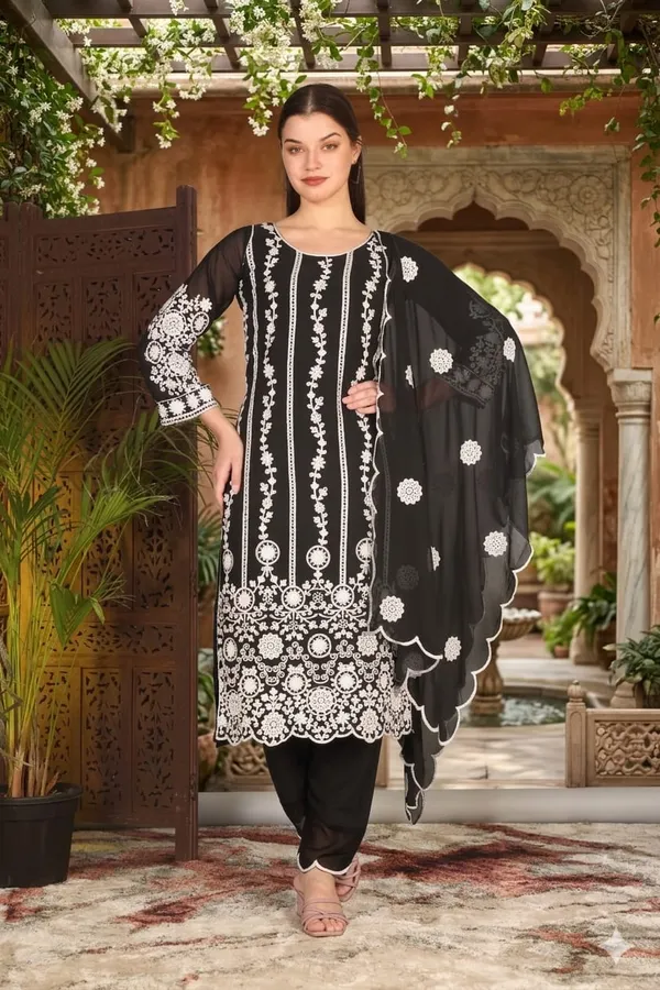 Elegant_Black_Georgette_3_Piece_Suit_Set_with_White_Thread_Embroidery_|_Designer_Kurta_Palazzo_Dupatta_|_Festive_Wear