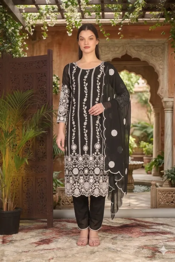 Elegant_Black_Georgette_3_Piece_Suit_Set_with_White_Thread_Embroidery_|_Designer_Kurta_Palazzo_Dupatta_|_Festive_Wear