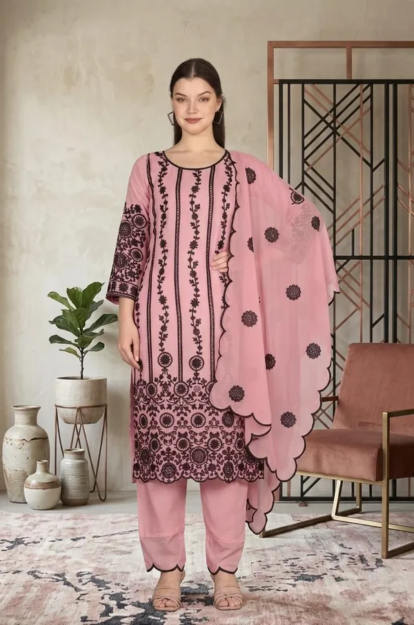 Elegant_Pink_Georgette_3_Piece_Suit_Set_with_Black_Embroidery_|_Designer_Kurta_Palazzo_Dupatta_|_Festive_Wear