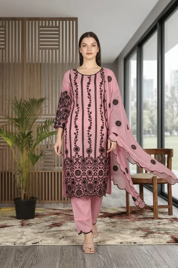 Elegant_Pink_Georgette_3_Piece_Suit_Set_with_Black_Embroidery_|_Designer_Kurta_Palazzo_Dupatta_|_Festive_Wear