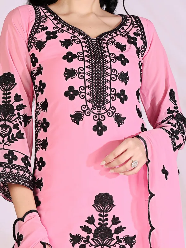 Luxury_Pink_Georgette_3_Piece_Suit_Set_with_Heavy_Black_Embroidery_|_Designer_Kurta_Palazzo_Dupatta_|_Festive_Wear