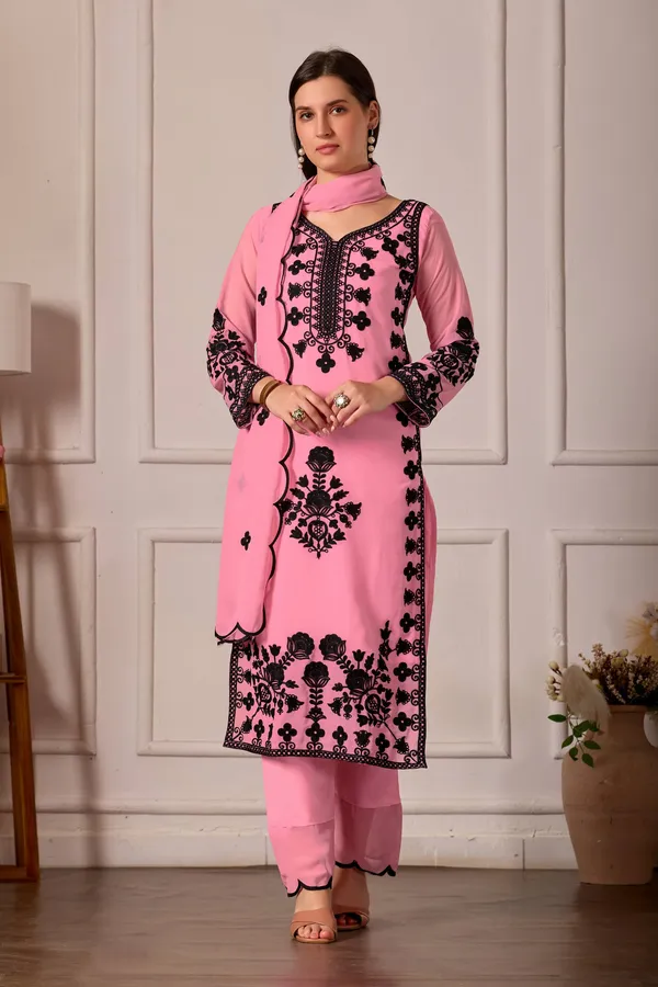 Luxury_Pink_Georgette_3_Piece_Suit_Set_with_Heavy_Black_Embroidery_|_Designer_Kurta_Palazzo_Dupatta_|_Festive_Wear