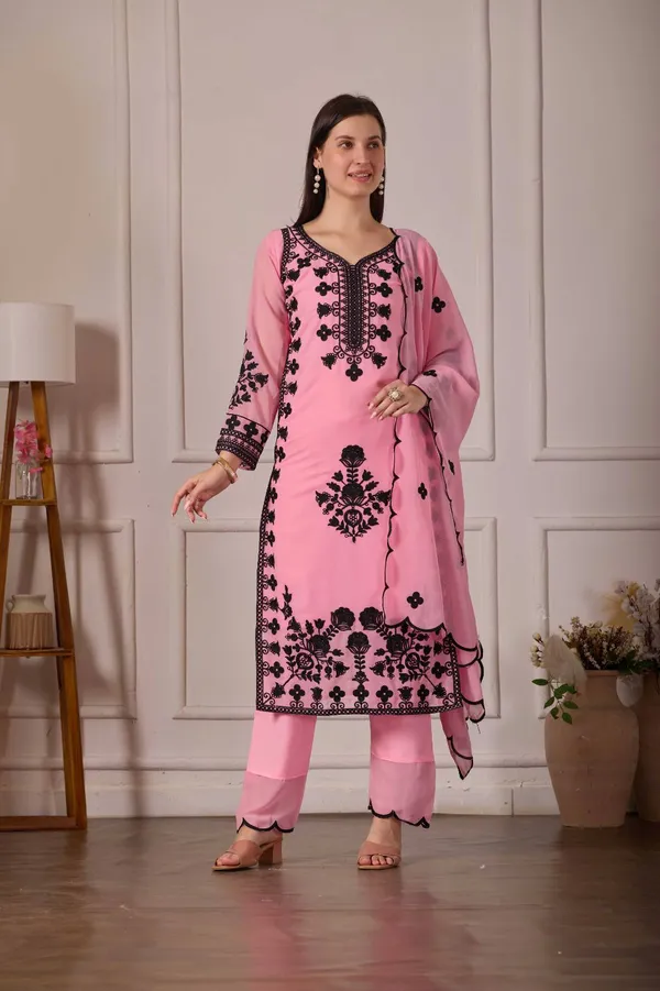 Luxury_Pink_Georgette_3_Piece_Suit_Set_with_Heavy_Black_Embroidery_|_Designer_Kurta_Palazzo_Dupatta_|_Festive_Wear