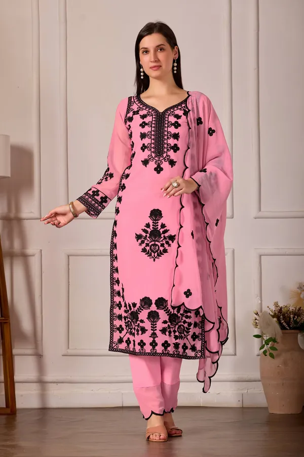 Luxury_Pink_Georgette_3_Piece_Suit_Set_with_Heavy_Black_Embroidery_|_Designer_Kurta_Palazzo_Dupatta_|_Festive_Wear