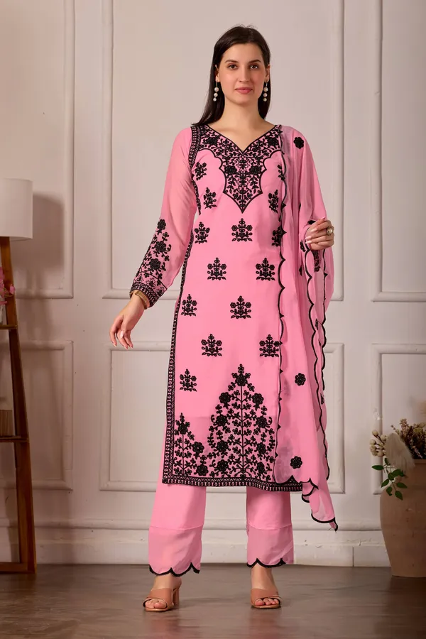 Luxury_Pink_Georgette_3_Piece_Suit_Set_with_Heavy_Black_Embroidery_|_Designer_Kurta_Palazzo_Dupatta_|_Festive_Wear