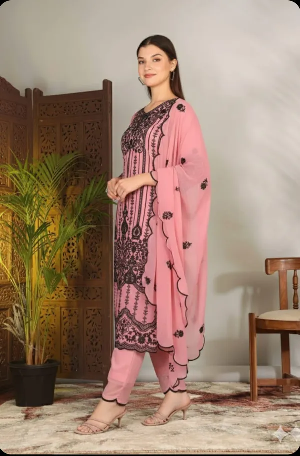Luxury_Pink_Georgette_3_Piece_Suit_Set_with_Heavy_Black_Embroidery_|_Designer_Kurta_Palazzo_Dupatta_|_Festive_Wear