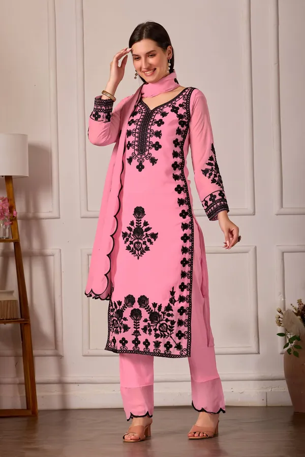 Luxury_Pink_Georgette_3_Piece_Suit_Set_with_Heavy_Black_Embroidery_|_Designer_Kurta_Palazzo_Dupatta_|_Festive_Wear