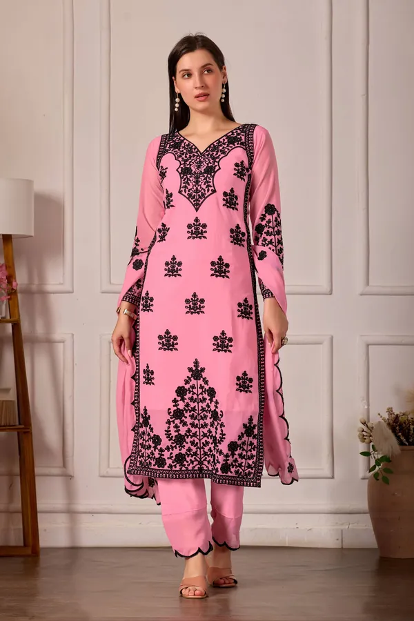 Luxury_Pink_Georgette_3_Piece_Suit_Set_with_Heavy_Black_Embroidery_|_Designer_Kurta_Palazzo_Dupatta_|_Festive_Wear