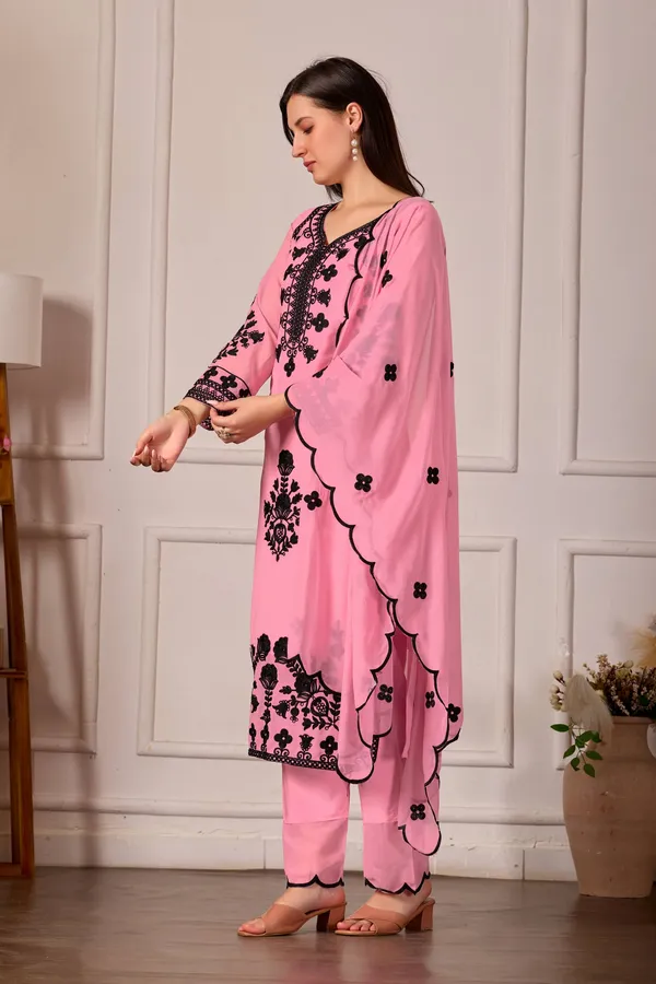 Luxury_Pink_Georgette_3_Piece_Suit_Set_with_Heavy_Black_Embroidery_|_Designer_Kurta_Palazzo_Dupatta_|_Festive_Wear