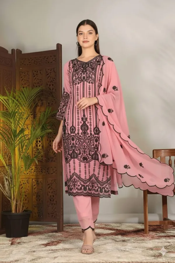 Luxury_Pink_Georgette_3_Piece_Suit_Set_with_Heavy_Black_Embroidery_|_Designer_Kurta_Palazzo_Dupatta_|_Festive_Wear