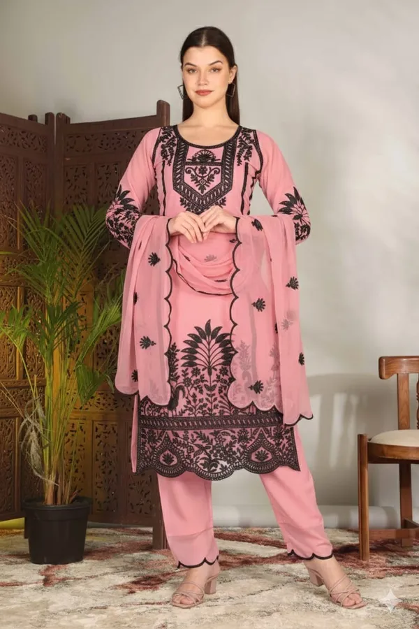 Luxury_Pink_Georgette_3_Piece_Suit_Set_with_Heavy_Black_Embroidery_|_Designer_Kurta_Palazzo_Dupatta_|_Festive_Wear