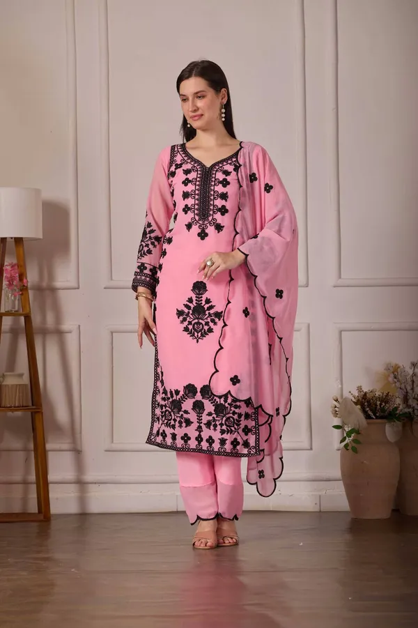 Luxury_Pink_Georgette_3_Piece_Suit_Set_with_Heavy_Black_Embroidery_|_Designer_Kurta_Palazzo_Dupatta_|_Festive_Wear