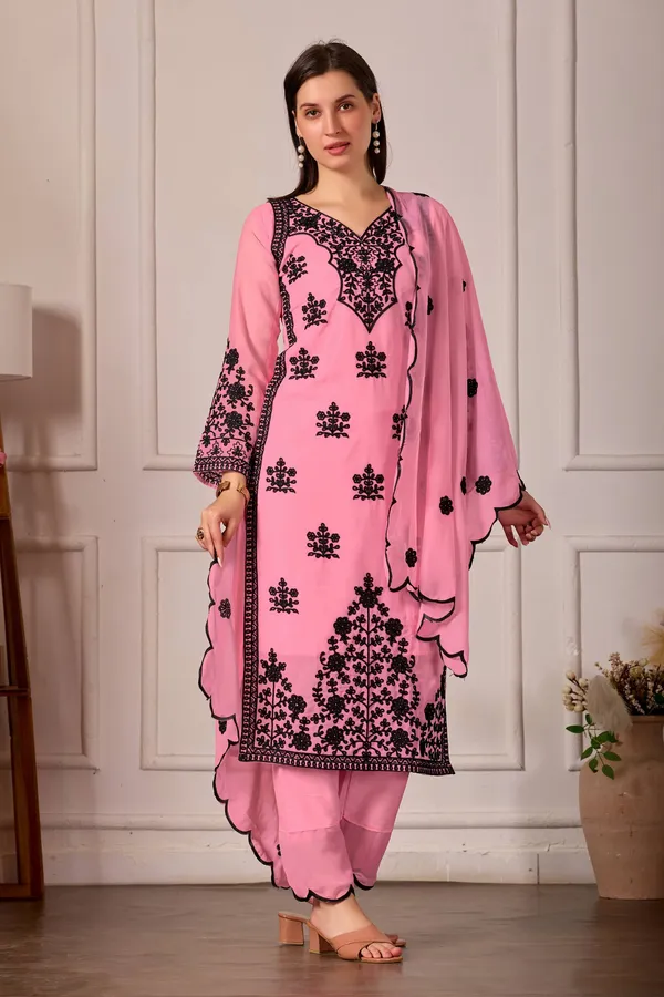 Luxury_Pink_Georgette_3_Piece_Suit_Set_with_Heavy_Black_Embroidery_|_Designer_Kurta_Palazzo_Dupatta_|_Festive_Wear