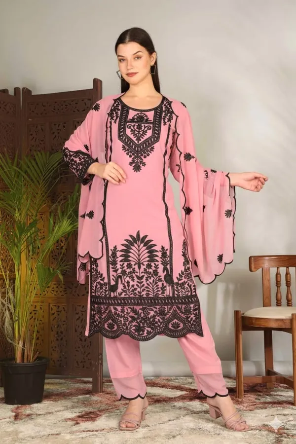 Luxury_Pink_Georgette_3_Piece_Suit_Set_with_Heavy_Black_Embroidery_|_Designer_Kurta_Palazzo_Dupatta_|_Festive_Wear