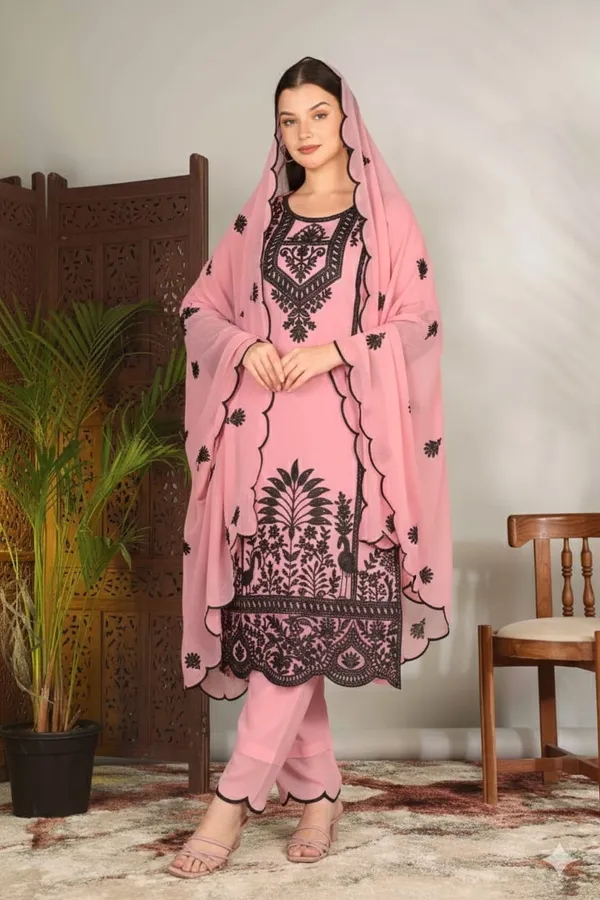 Luxury_Pink_Georgette_3_Piece_Suit_Set_with_Heavy_Black_Embroidery_|_Designer_Kurta_Palazzo_Dupatta_|_Festive_Wear