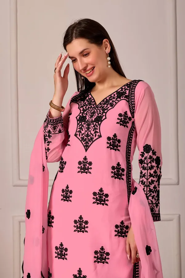 Luxury_Pink_Georgette_3_Piece_Suit_Set_with_Heavy_Black_Embroidery_|_Designer_Kurta_Palazzo_Dupatta_|_Festive_Wear