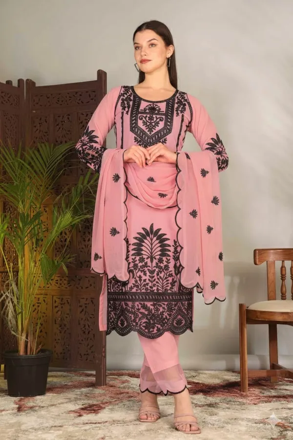 Luxury_Pink_Georgette_3_Piece_Suit_Set_with_Heavy_Black_Embroidery_|_Designer_Kurta_Palazzo_Dupatta_|_Festive_Wear