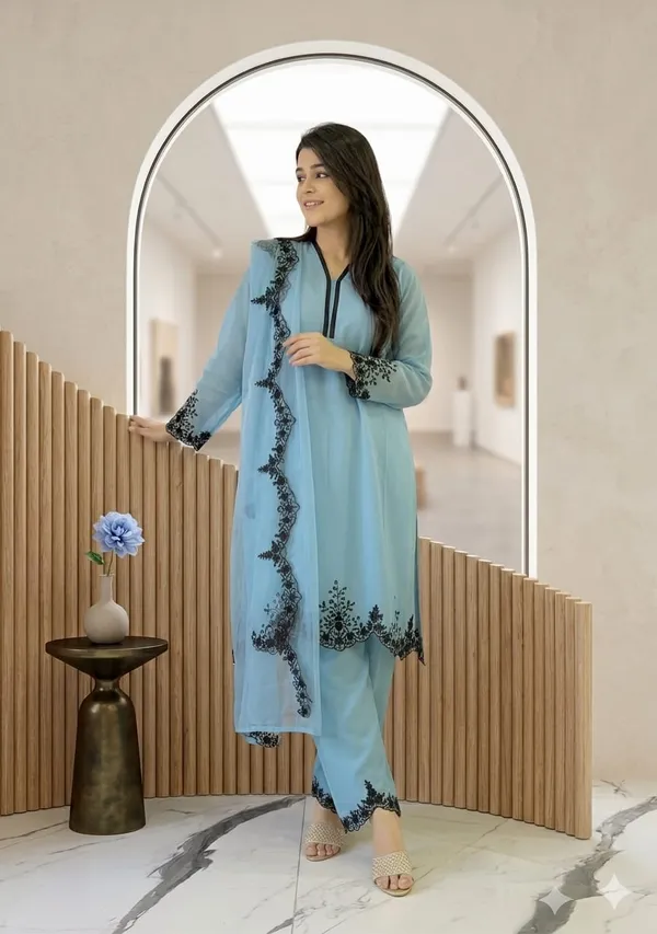 Sky_Blue_Georgette_With_Embroidery_Kurti_Set_For_Women