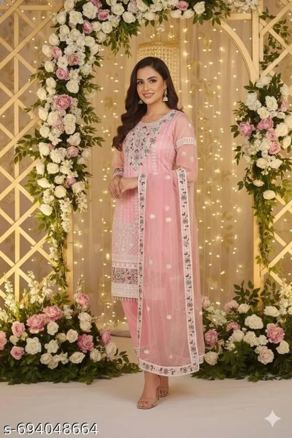 Pink_Net_Fabric_With_Embroidery_Kurti_Set_For_Women