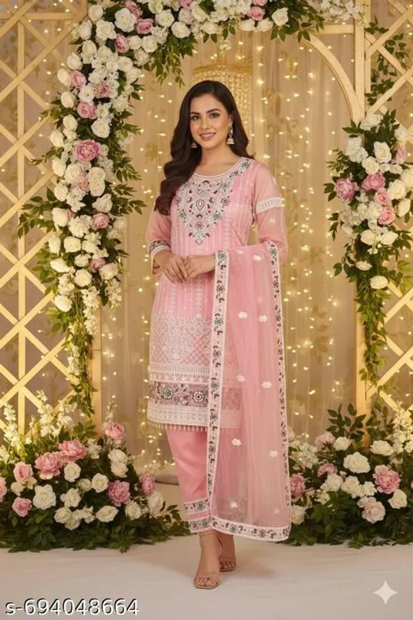 Pink_Net_Fabric_With_Embroidery_Kurti_Set_For_Women