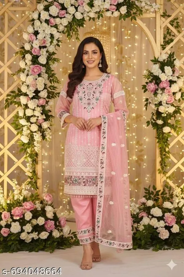 Pink_Net_Fabric_With_Embroidery_Kurti_Set_For_Women