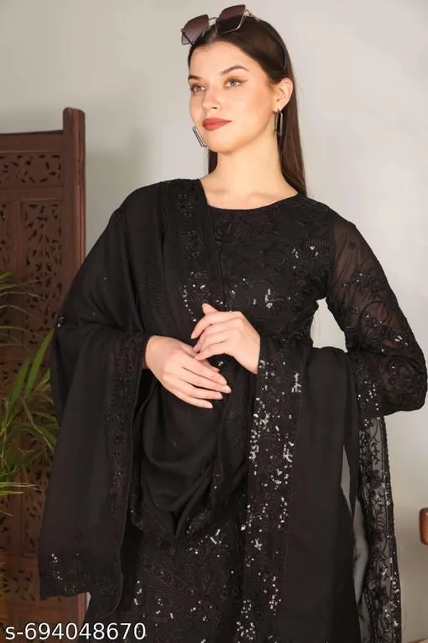 Black_Georgette_With_Sequins_Embroidery_Kurti_Set_For_Women