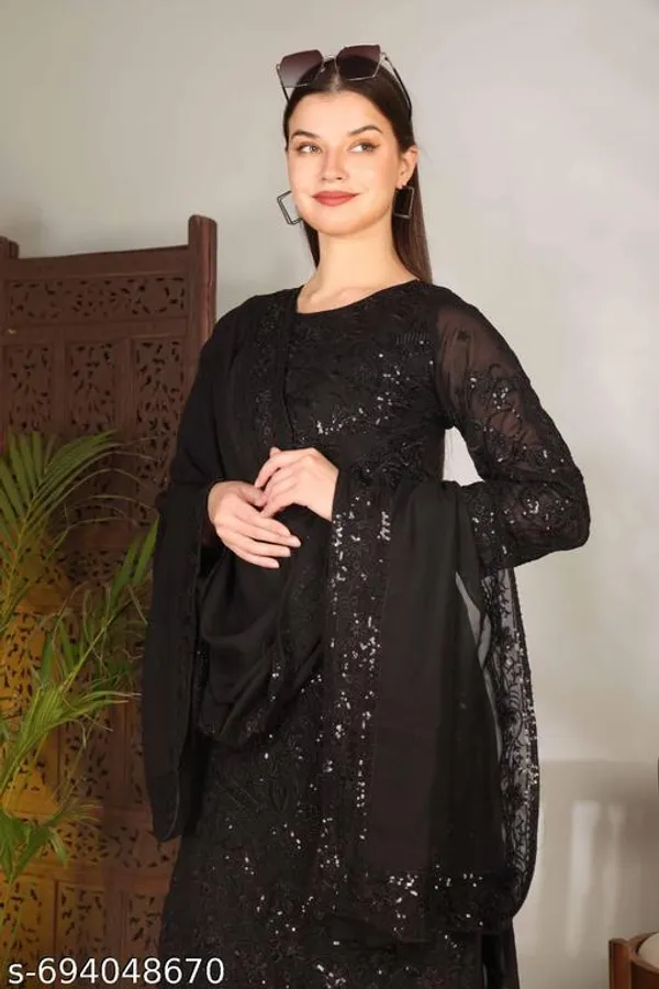 Black_Georgette_With_Sequins_Embroidery_Kurti_Set_For_Women
