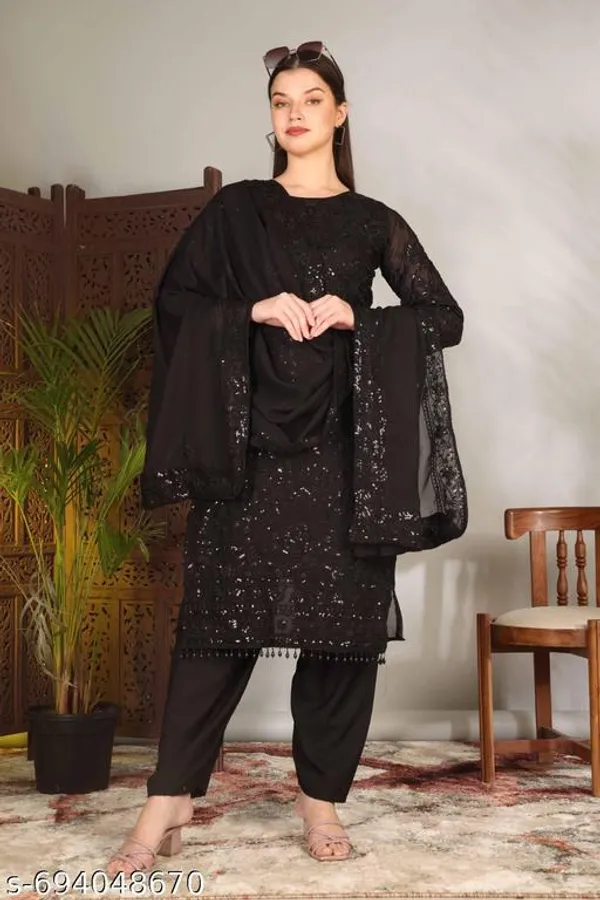 Black_Georgette_With_Sequins_Embroidery_Kurti_Set_For_Women