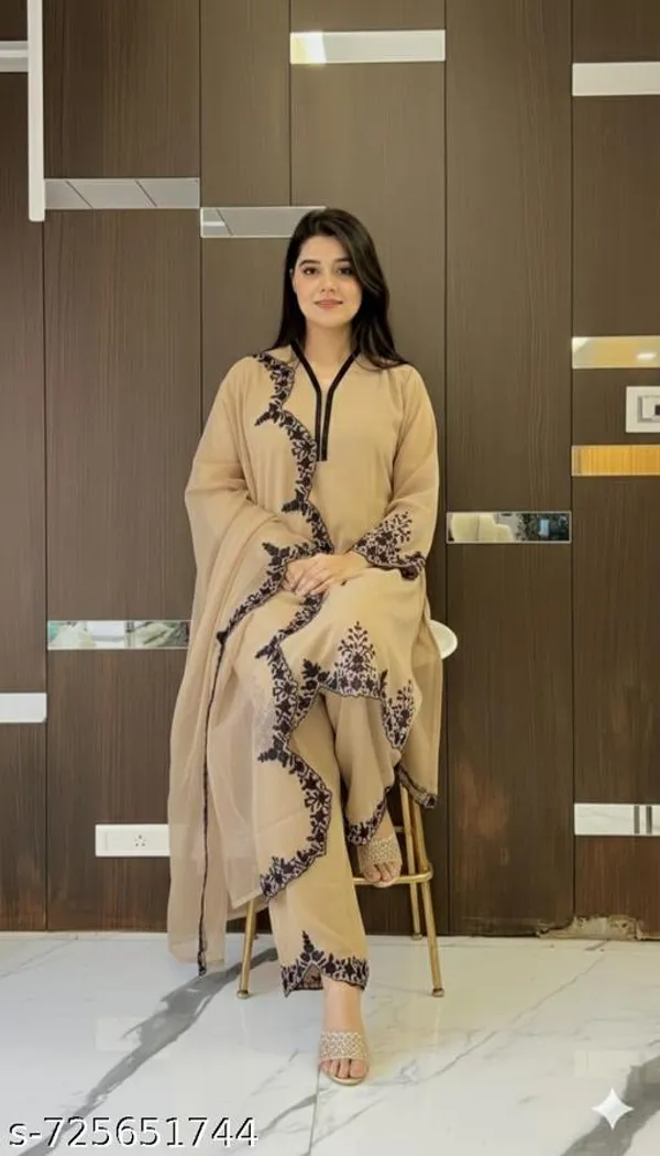 Beige_Georgette_With_Embroidery_Kurti_Set_For_Women