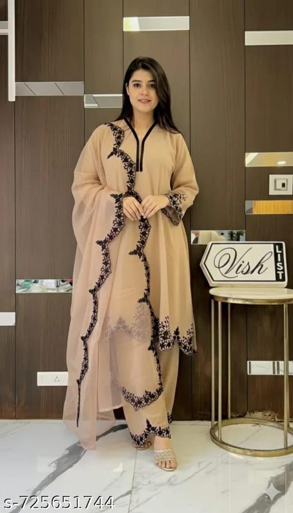 Beige_Georgette_With_Embroidery_Kurti_Set_For_Women