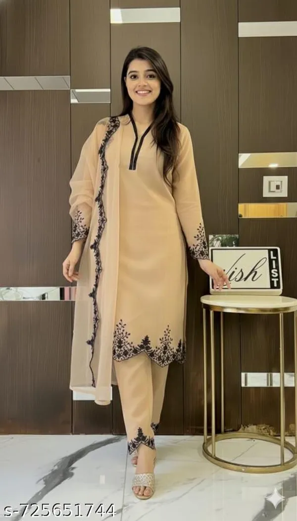Beige_Georgette_With_Embroidery_Kurti_Set_For_Women