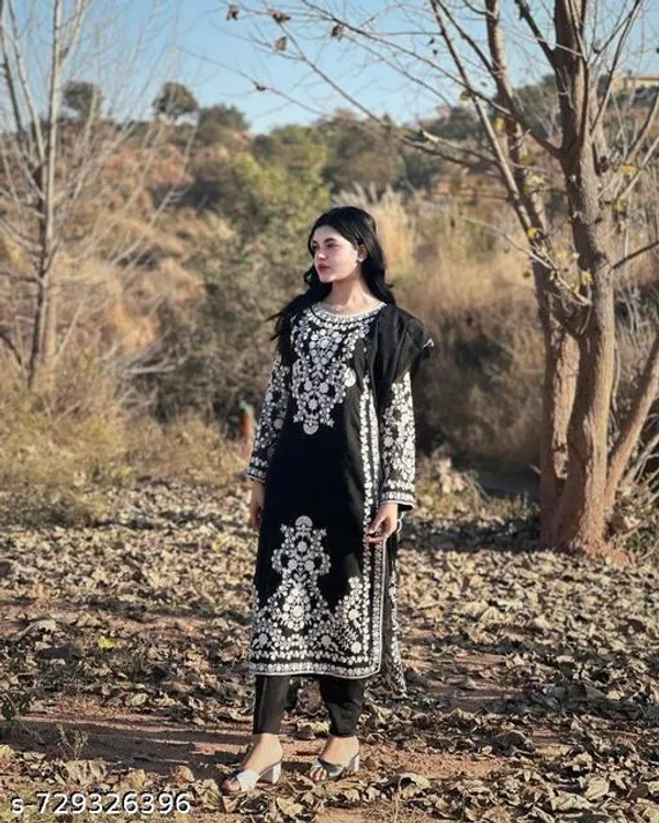 Black_Faux_Georgette_With_Chikankari_Embroidery_Kurti_Set_For_Women