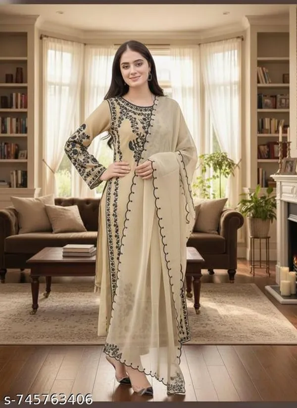 Brown_Faux_Georgette_With_Chikankari_Hand_Embroidery_Kurti_Set_For_Women