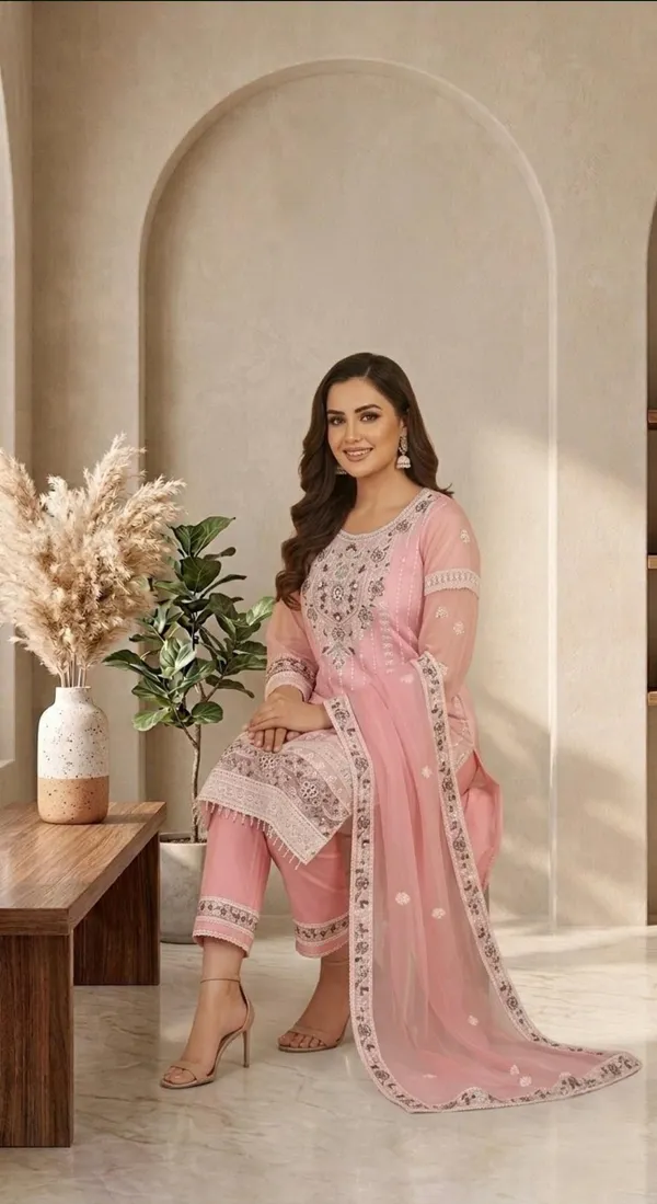Pink_Net_Fabric_With_Embroidery_Kurti_Set_For_Women