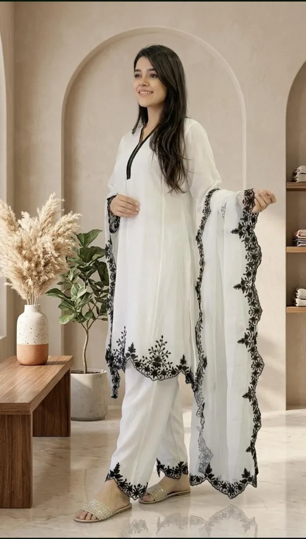 Elegant_White_Georgette_3_Piece_Suit_Set_with_Black_Embroidery_|_Kurta_Palazzo_Dupatta_|_Festive_&_Party_Wear